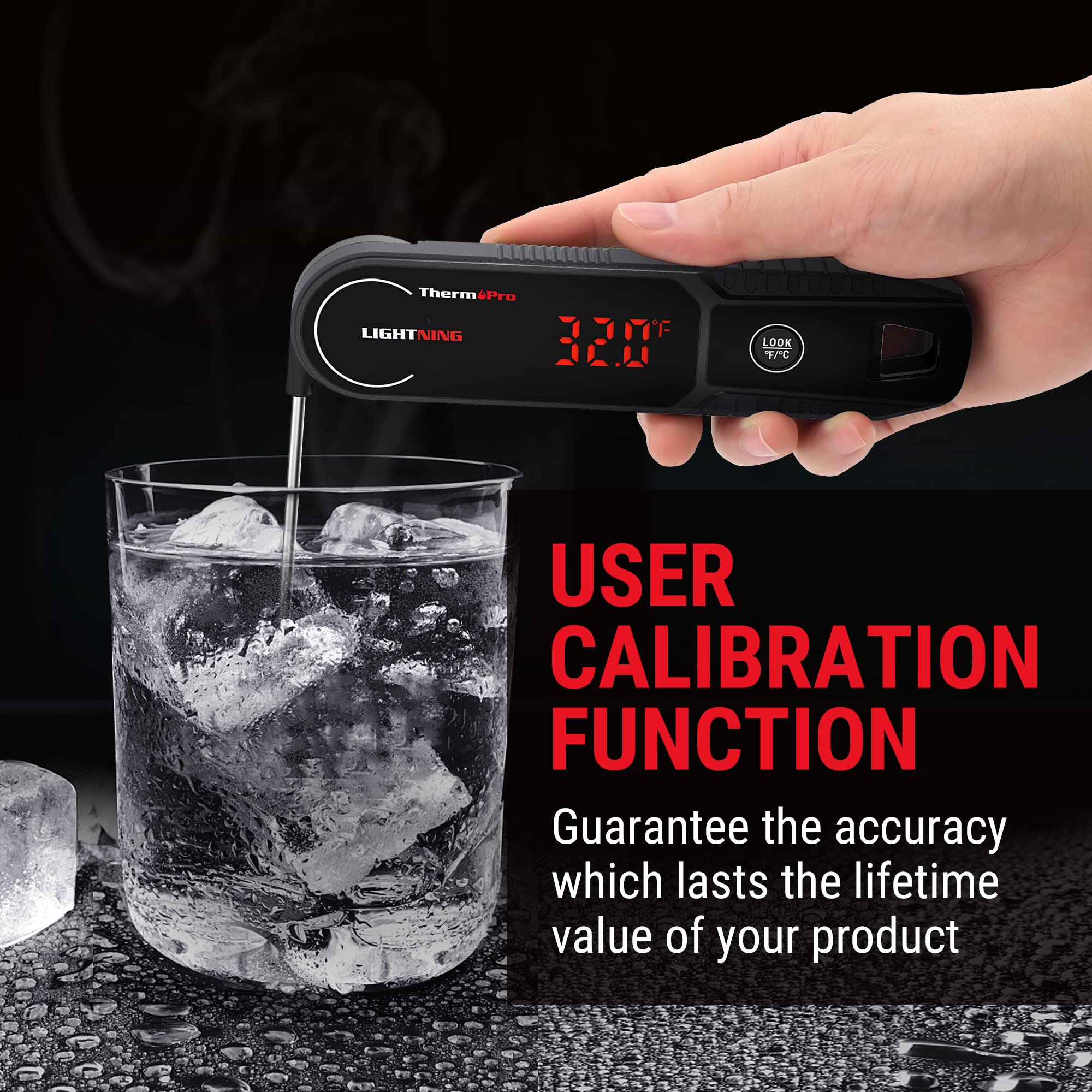 Thermopro Lightning 1-Second Instant Read Meat Thermometer, Calibratable Kitchen Food Thermometer With Ambidextrous Display, Wat